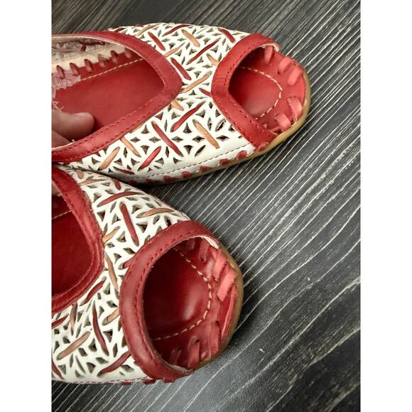 Pikolinos Romana Woven Red, White, & Tan Leather Peep Toe Sandals Flats Sz. 37 - Picture 3 of 7